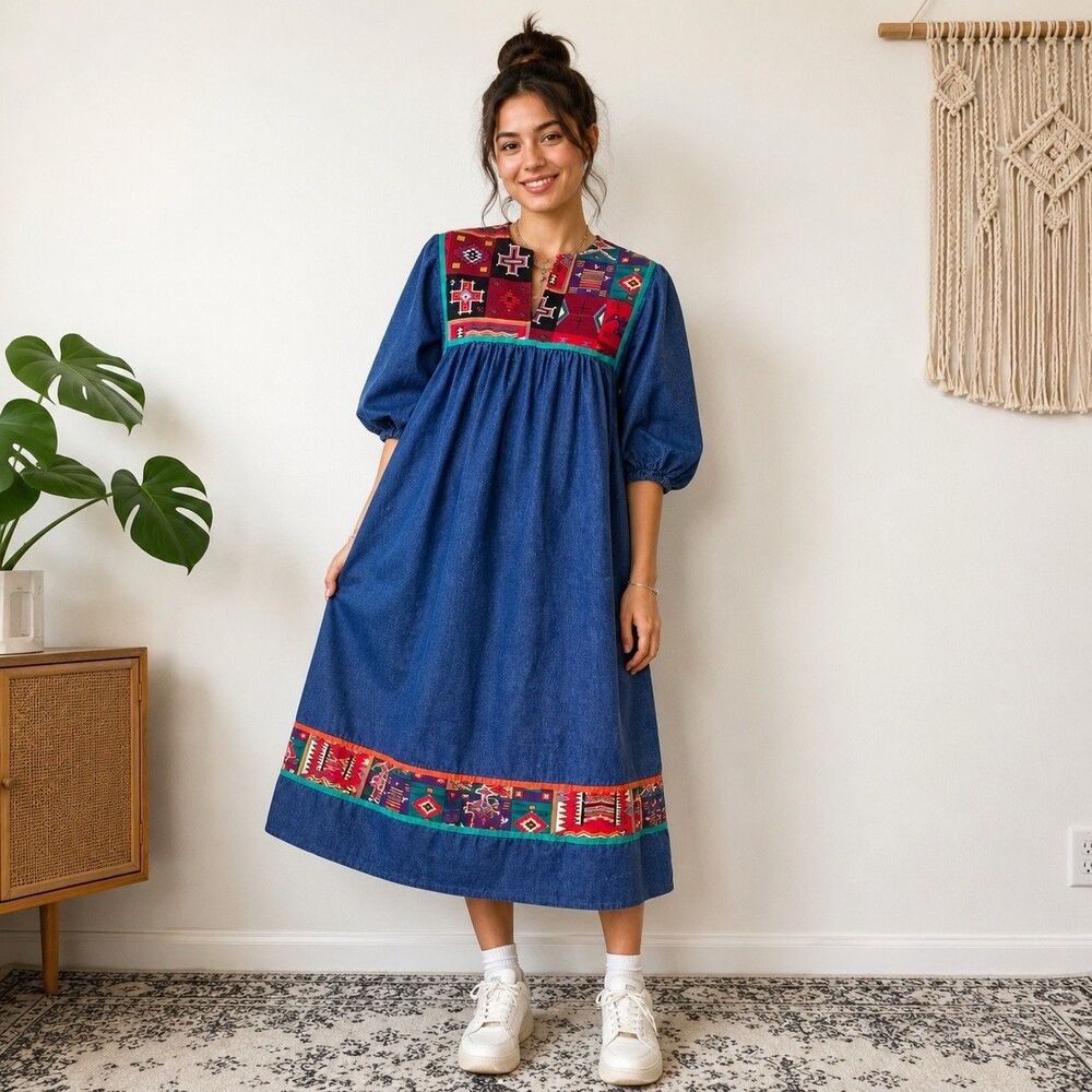 Krist Gudnason Midi Muumuu Cotton Denim Southwest Print Caftan Midi Dress Sz M